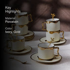 Luxury Porcelain Ivory & Gold Tea Cup and Saucer Set - 18 Piece Collection