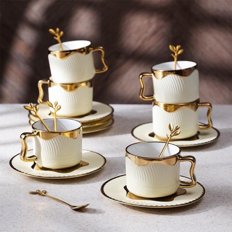 Luxury Porcelain Ivory & Gold Tea Cup and Saucer Set - 18 Piece Collection